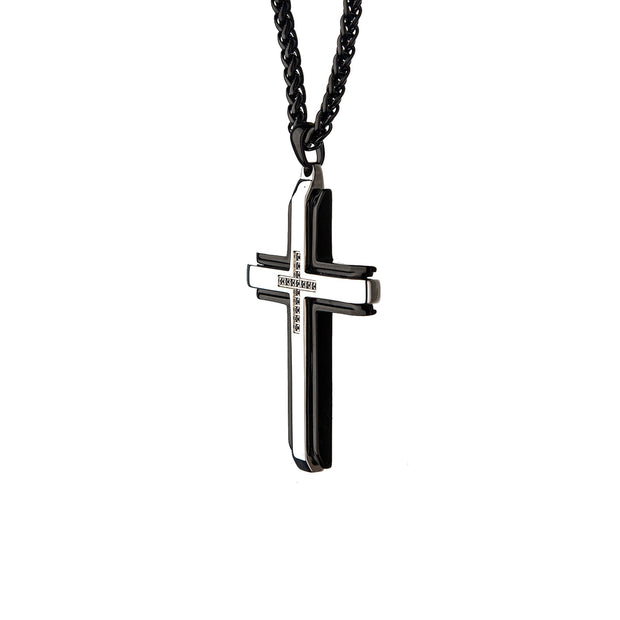 Stainless Steel Black IP with Black CZs at the Center Cross Pendant with Black Wheat Chain