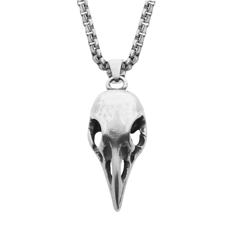 Distressed Matte Steel Crow Skull Pendant with Chain