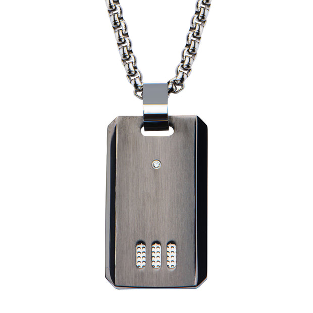 Black IP Gun Metal Finish with CZ Dog Tag Pendant with Chain