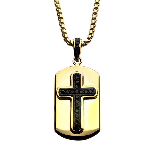 Black IP Cross with Black CZ Inlay & 18Kt Gold IP Dog Tag Pendant