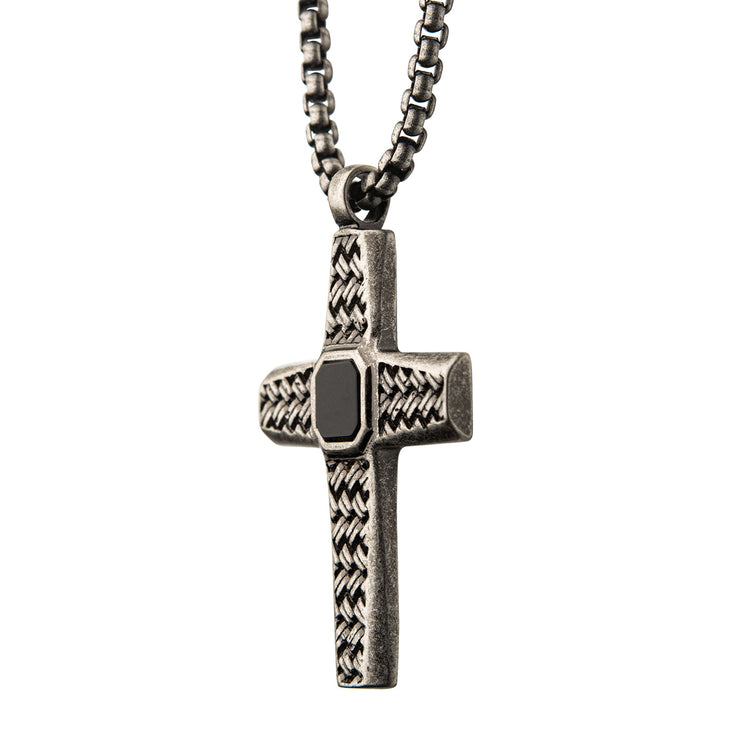 Stainless Steel Silver IP Cross Pendant with Black Agate Stone