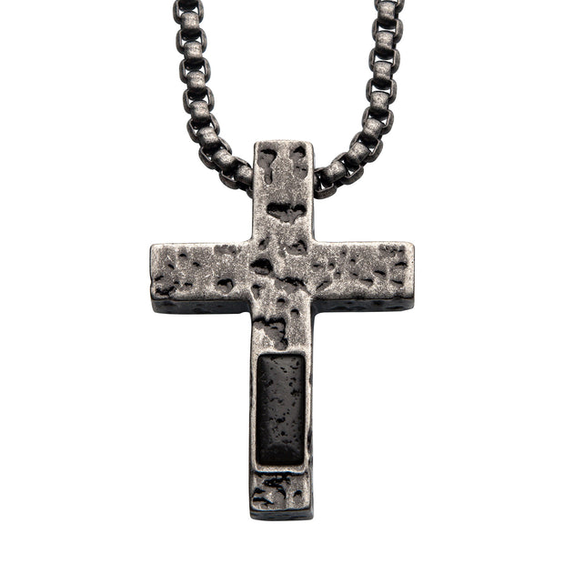 Stainless Steel Silver IP Cross Pendant with Lava Stone Pendant