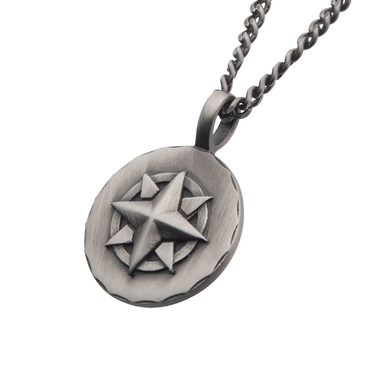 Gun Metal IP Compass Medallion Pendant with Chain