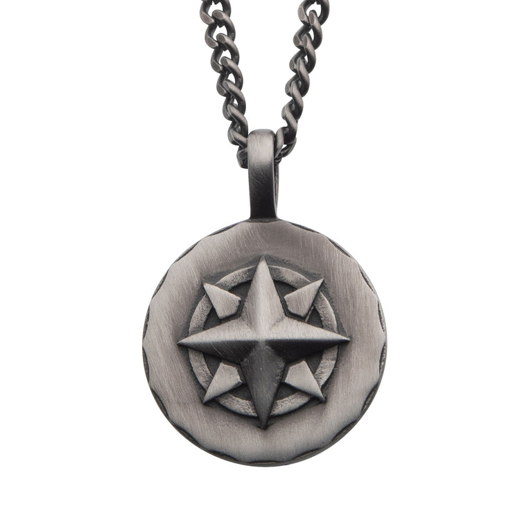 Gun Metal IP Compass Medallion Pendant with Chain