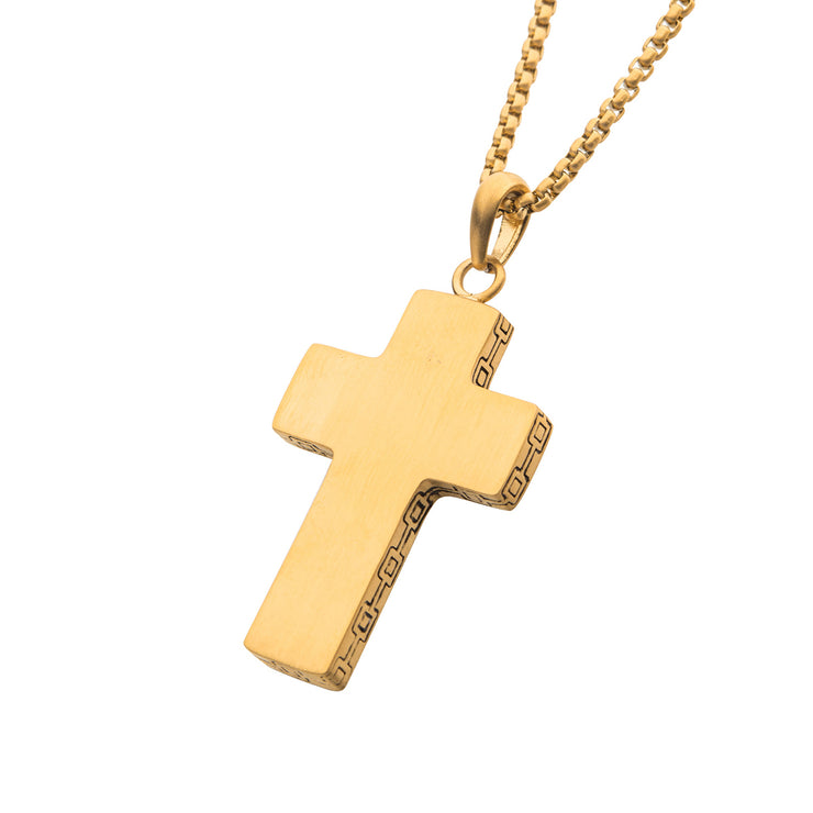 18Kt Gold IP Engravable Cross Pendant with Round Box Chain