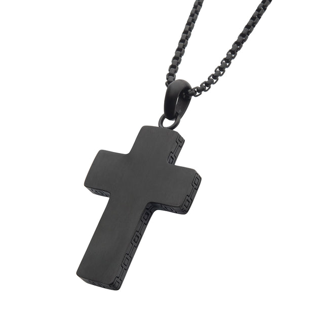 Black IP Engravable Cross Pendant with Round Box Chain