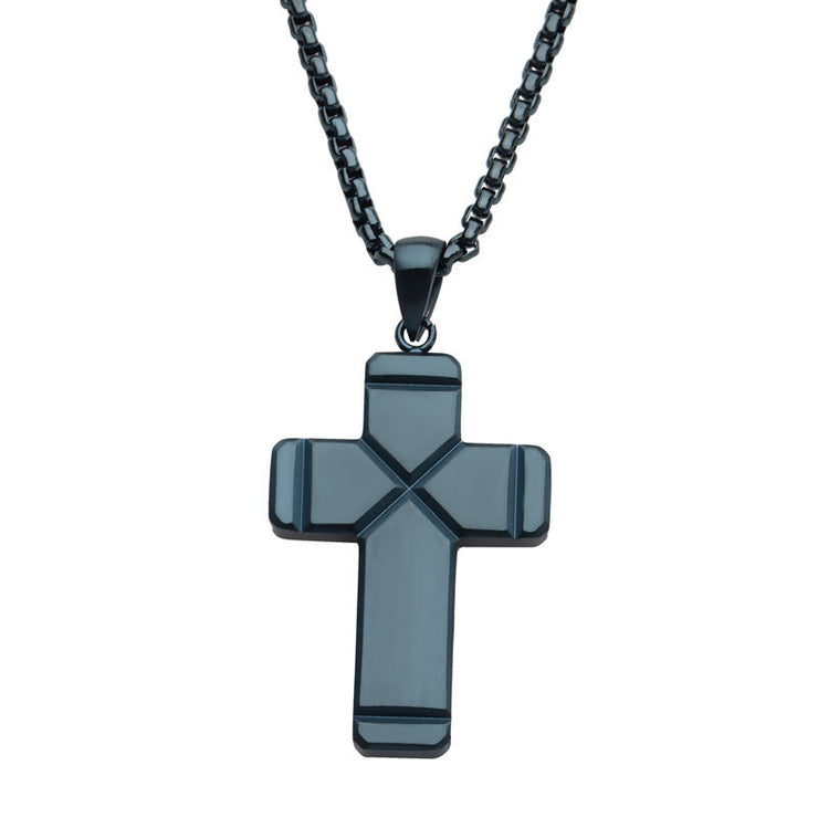 Blue IP Ridged Compact Cross Pendant with Cobalt Blue Box Chain