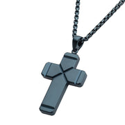 Blue IP Ridged Compact Cross Pendant with Cobalt Blue Box Chain