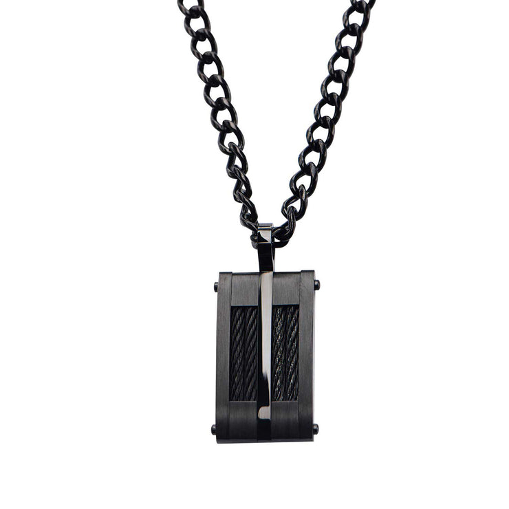 Black IP & Cable Inlayed Dog Tag Pendant with Chain