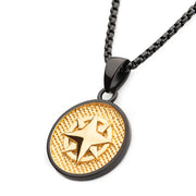 18Kt Gold IP Wayfinder Engravable Compass Medallion Pendant with Black IP Box Chains