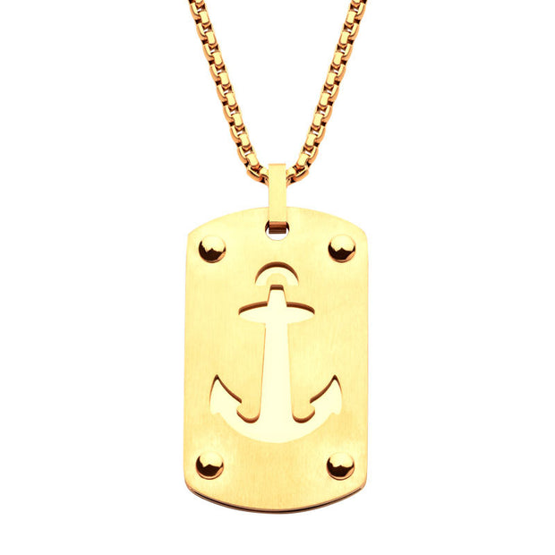 18Kt Gold IP Etched Anchor Dog Tag Pendant with Box Chain