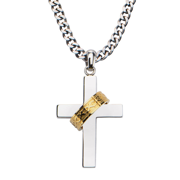 Gold IP Ring in Steel Cross Pendant with Chain