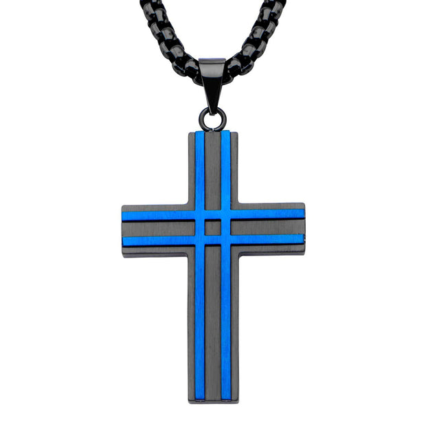 Matte Black & Blue IP Layer Cross Pendant with Chain