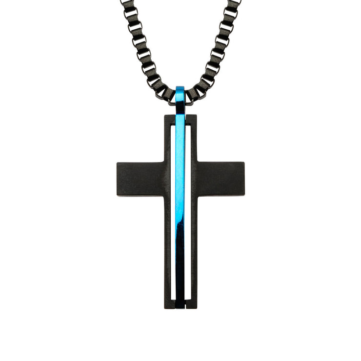 Matte Black IP with Thin Blue Line Pendant with Chain