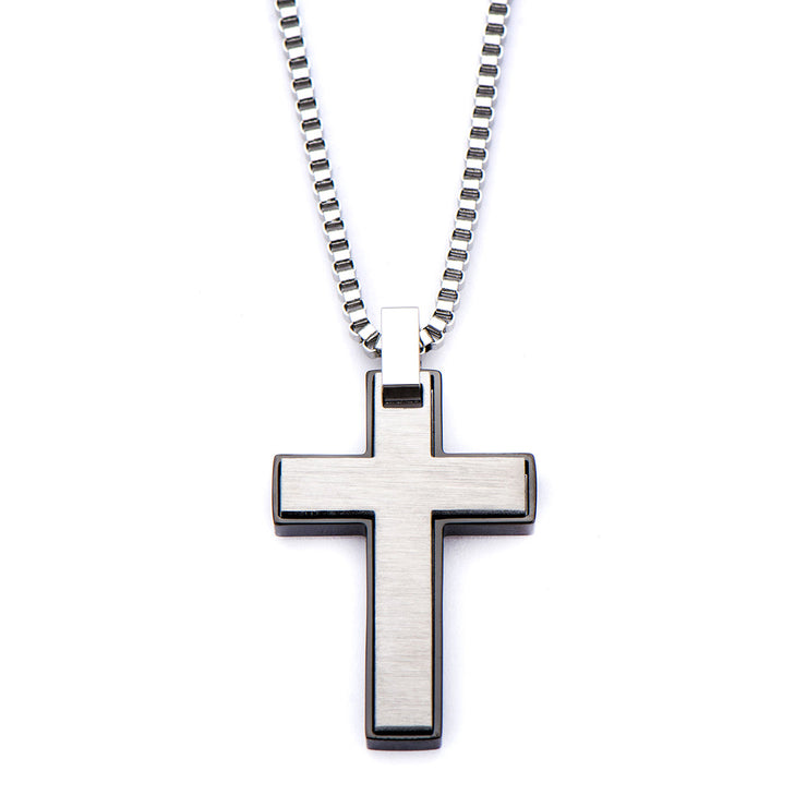 Black IP & Stainless Steel Cross Pendant with Chain