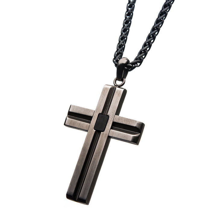 Stainless Steel and Black IP Antique Cross Pendant