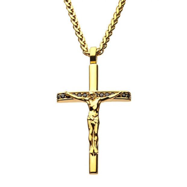 Stainless Steel Gold IP with Black CZ Jesus Christ Crucifix Cross Pendant with Wheat Chain