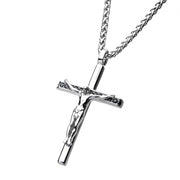 Stainless Steel with Black CZ Jesus Christ Crucifix Cross Pendant with Wheat Chain