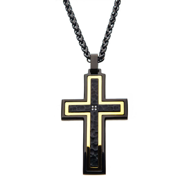 Hammered Black, Gold IP Cross with CZ Stainless Steel Pendant