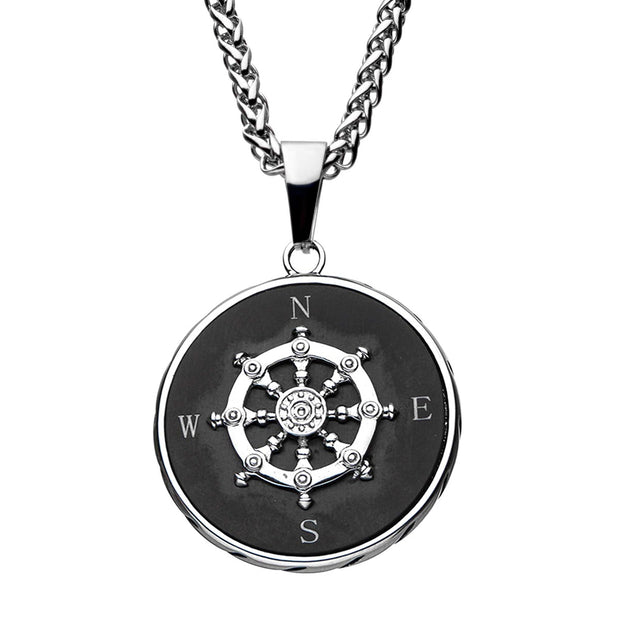 Stainless Steel Black IP Ships Wheel Compass Pendant with Chain