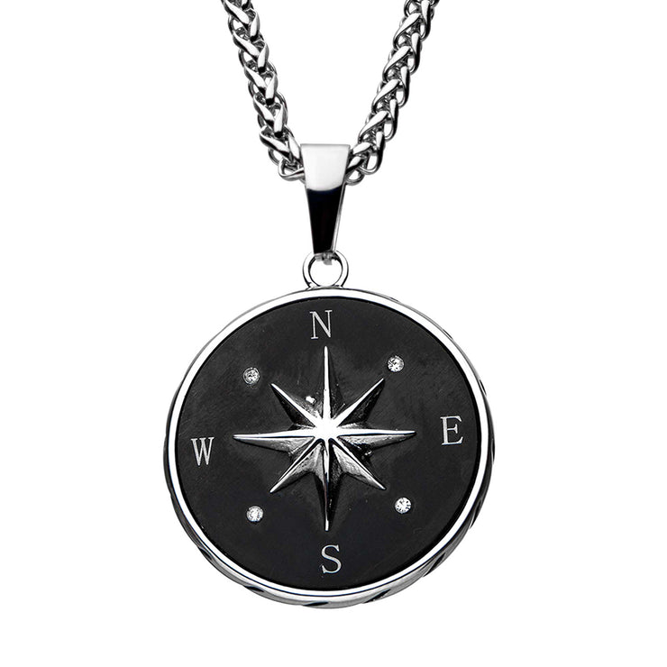 Stainless Steel & Black IP Compass Pendant with Chain