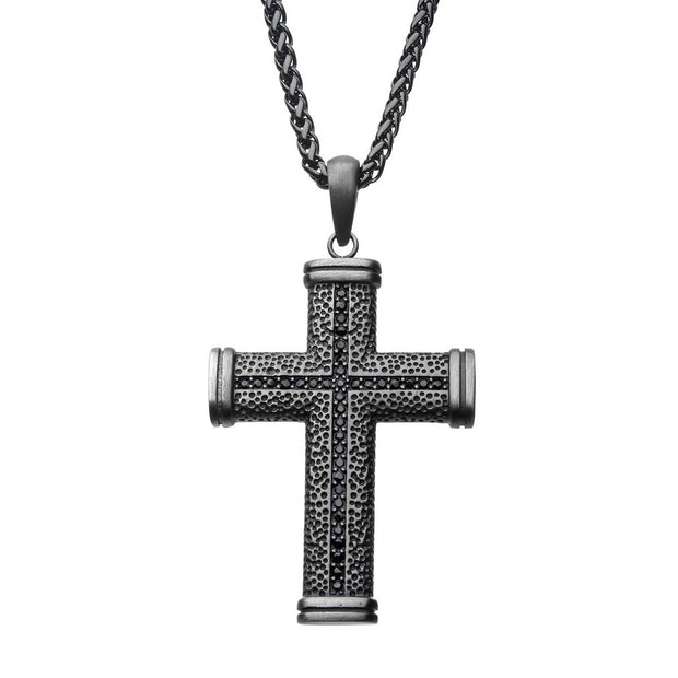 Stainless Steel Antique Bronze IP with Black CZ Pendant with Wheat Chain