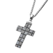 Antiqued Stainless Steel Weave Pattern Cross Pendant with Chain