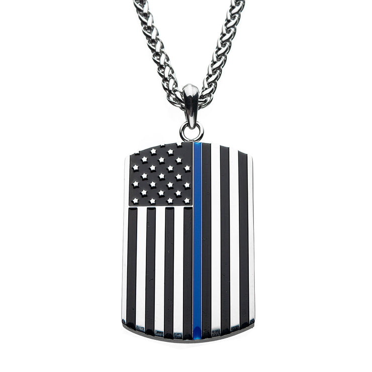 Thin Blue Line American Flag Police Officer Military Style Dog Tag Enamel Pendant