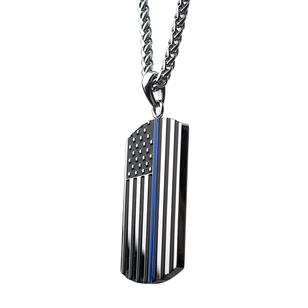 Thin Blue Line American Flag Police Officer Military Style Dog Tag Enamel Pendant