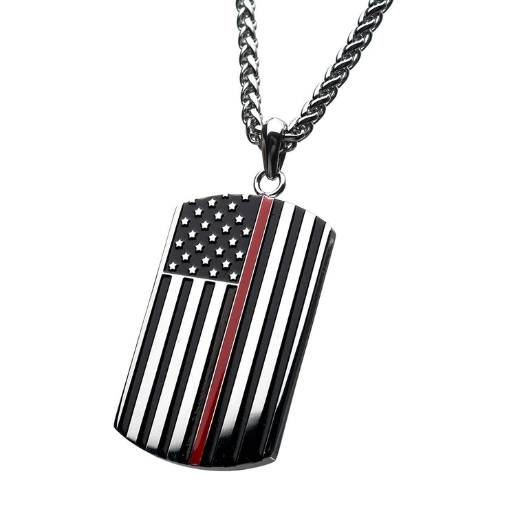 Thin Red Line American Flag Firefighter Military Style Dog Tag Enamel Pendant