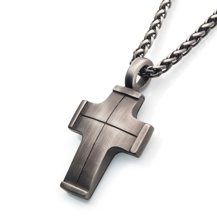 Gun Metal IP Cross Pendant with Steel Wheat Chain