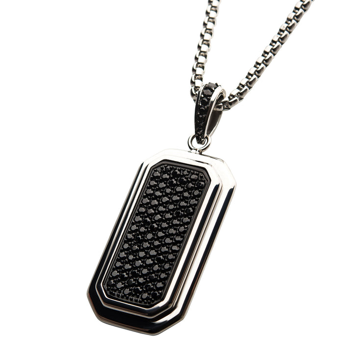 Stainless Steel Dog Tag Pendant with Black CZ Inlay, with Steel Box Chain