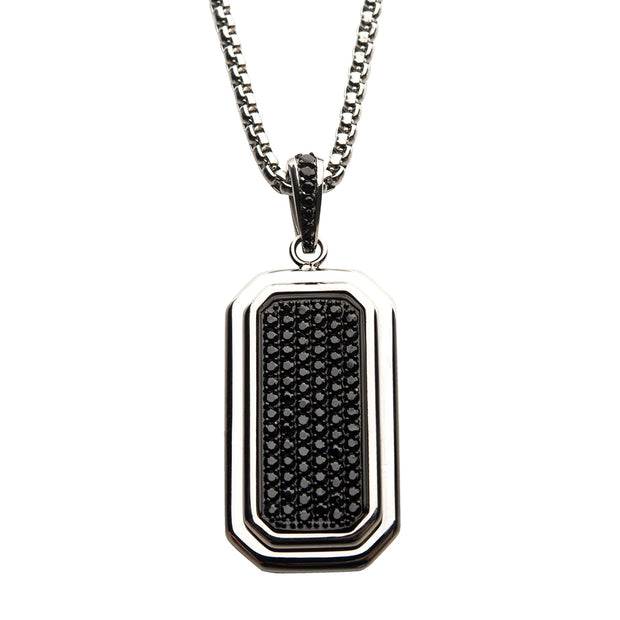 Stainless Steel Dog Tag Pendant with Black CZ Inlay, with Steel Box Chain