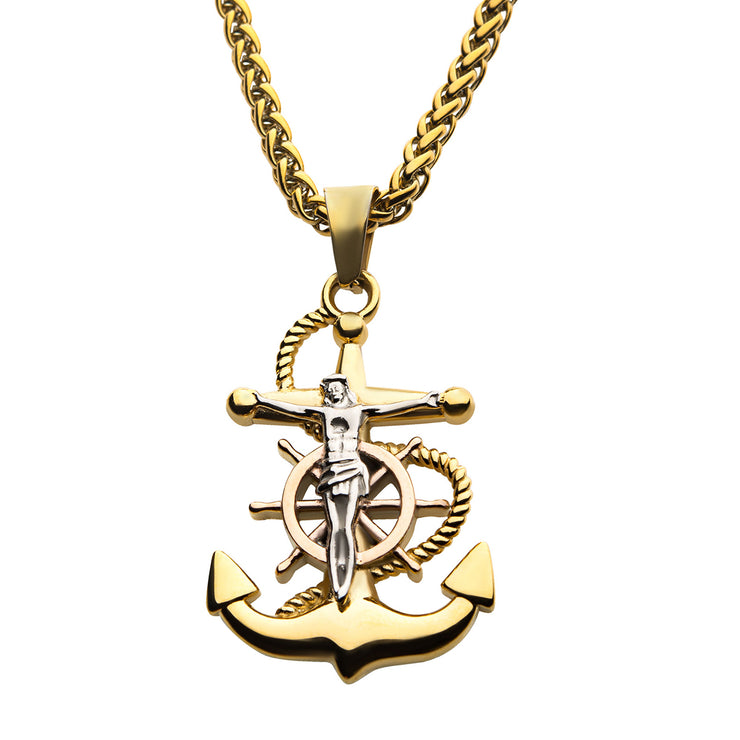 18Kt Gold IP Anchor with Silver IP Jesus Steel Pendant, with 18Kt Gold IP Wheat Chain