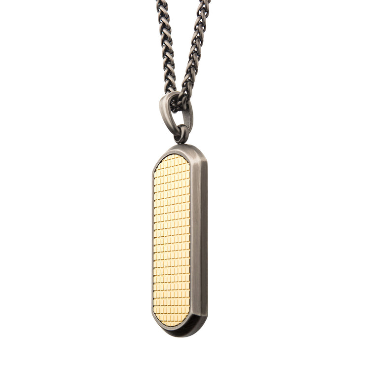 Gun Metal IP with 18Kt Gold IP Grid Inlay Dog Tag Pendant, with Black IP Wheat Chain