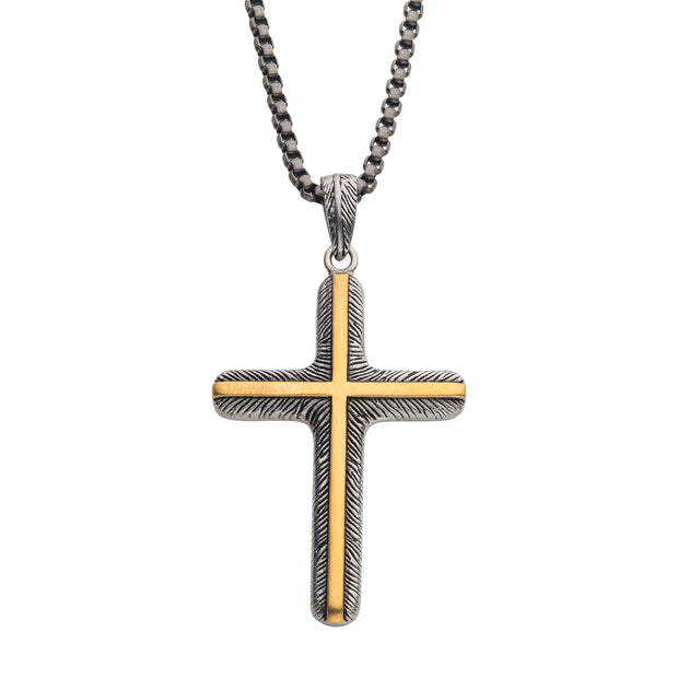 18Kt Gold IP Inlay & Gun Metal IP Cross Pendant with Round Box Chain