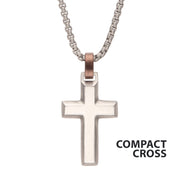 Matte Finish Steel Beveled Cross Pendant with Brown Bail