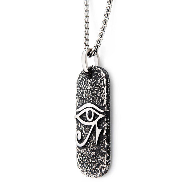 Black Oxidized Stainless Steel with Black CZ Eye of Horus Dog Tag Pendant, with Steel Box Chain