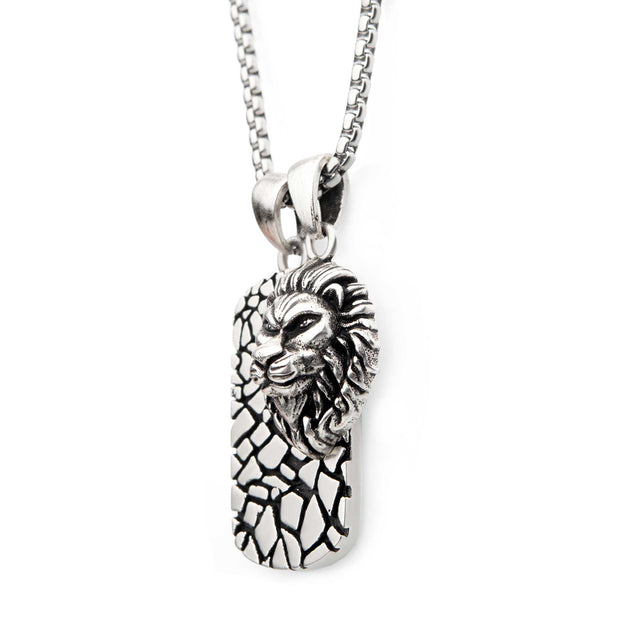 Stainless Steel with 3D Lion Head Dog Tag Pendant, with Antique Silver IP Chain