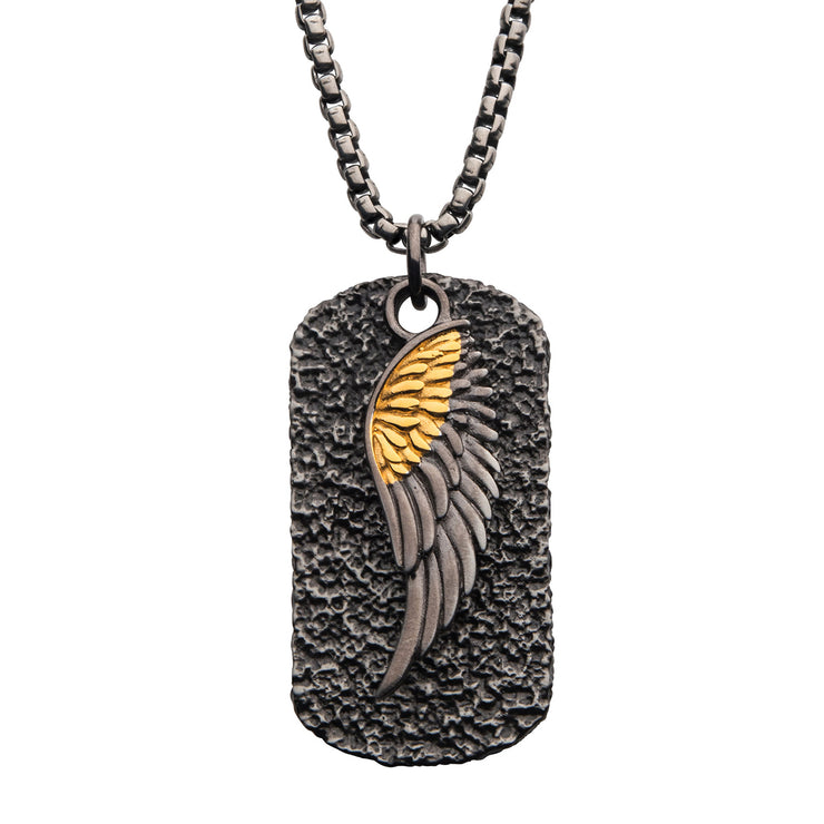 Layered 18Kt Gold IP Wing & Gun Metal IP Dog Tag Pendants with Round Box Chain