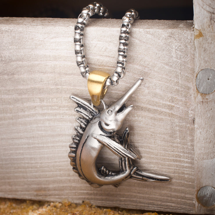 Antiqued Matte Finish Steel Marlin Pendant