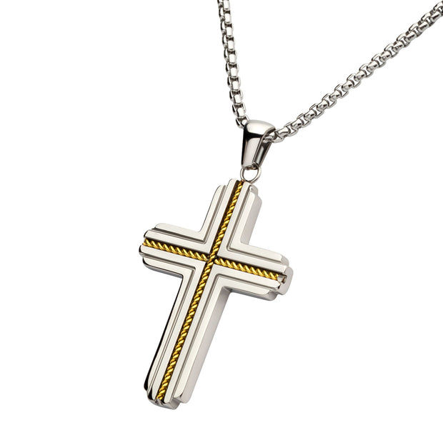 18Kt Gold IP Stainless Steel Rope Inlay Two-tone Cross Pendant with Chain