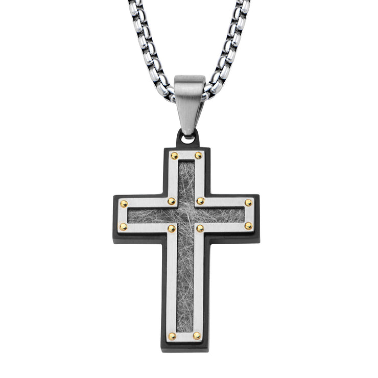 Textured Black IP Cross Pendant with Chain