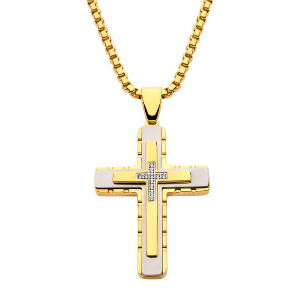 18Kt Gold IP Layered Cross Pendant with CNC Set Clear CZ