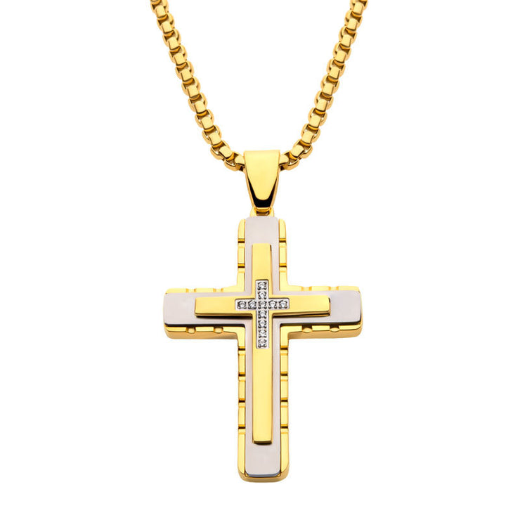 18Kt Gold IP Layered Cross Pendant with CNC Set Clear CZ