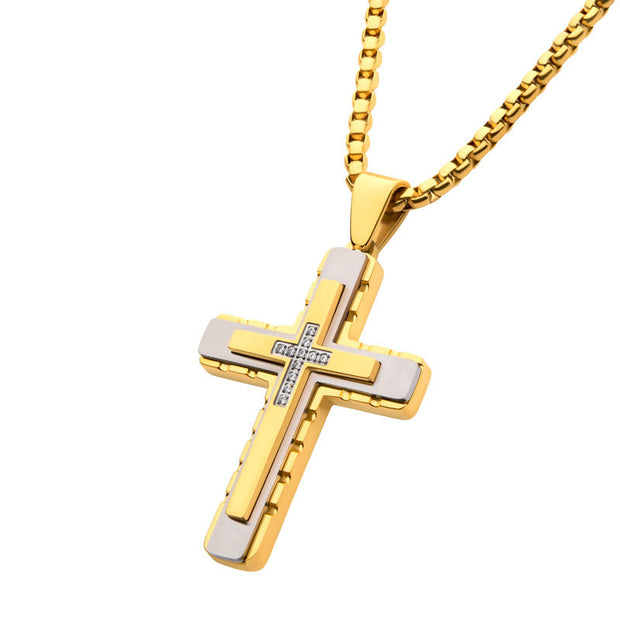 18Kt Gold IP Layered Cross Pendant with CNC Set Clear CZ