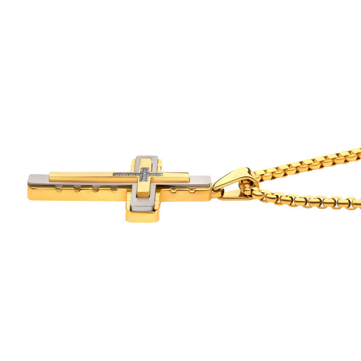 18Kt Gold IP Layered Cross Pendant with CNC Set Clear CZ