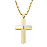 18Kt Gold IP & Thin Steel Line Layered Cross Pendant with Clear CZ