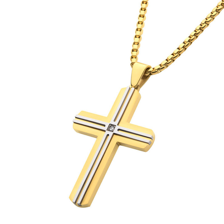 18Kt Gold IP & Thin Steel Line Layered Cross Pendant with Clear CZ