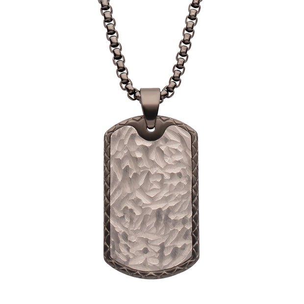 Gun Metal IP Stainless Steel Chiseled Bold Tag Firenze Pendant with Box Chain